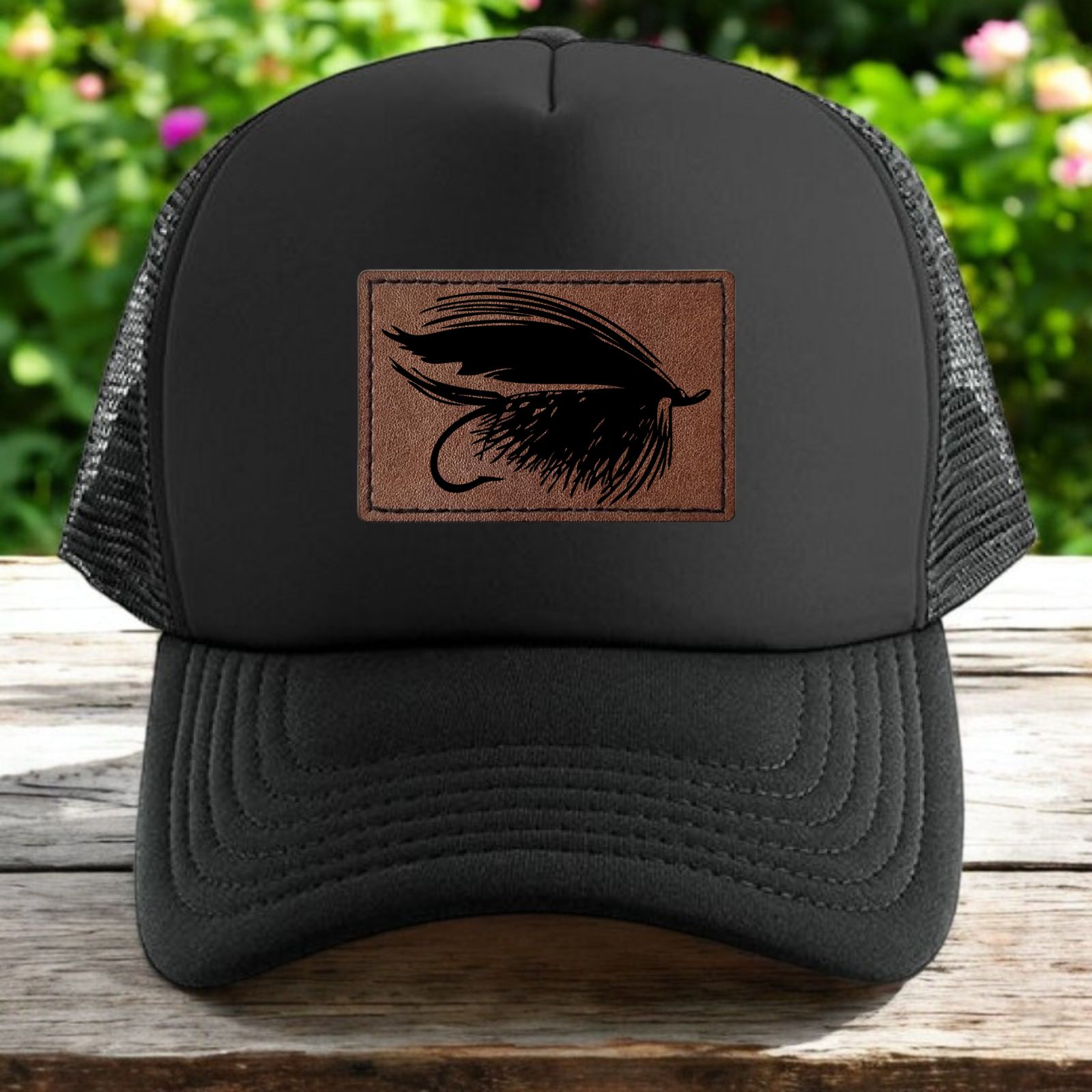 Fly Fishing Bait Trucker Hat Mens O/S Black Snapback Engraved Fathers Day Gift